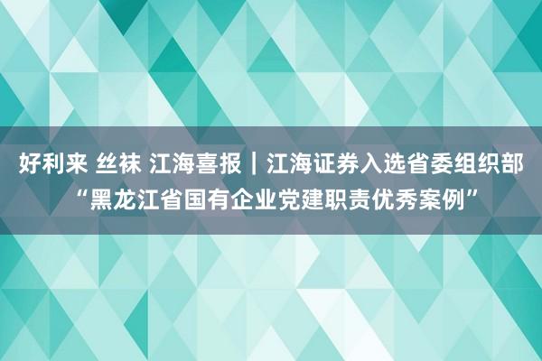 好利来 丝袜 江海喜报｜江海证券入选省委组织部 “黑龙江省国有企业党建职责优秀案例”